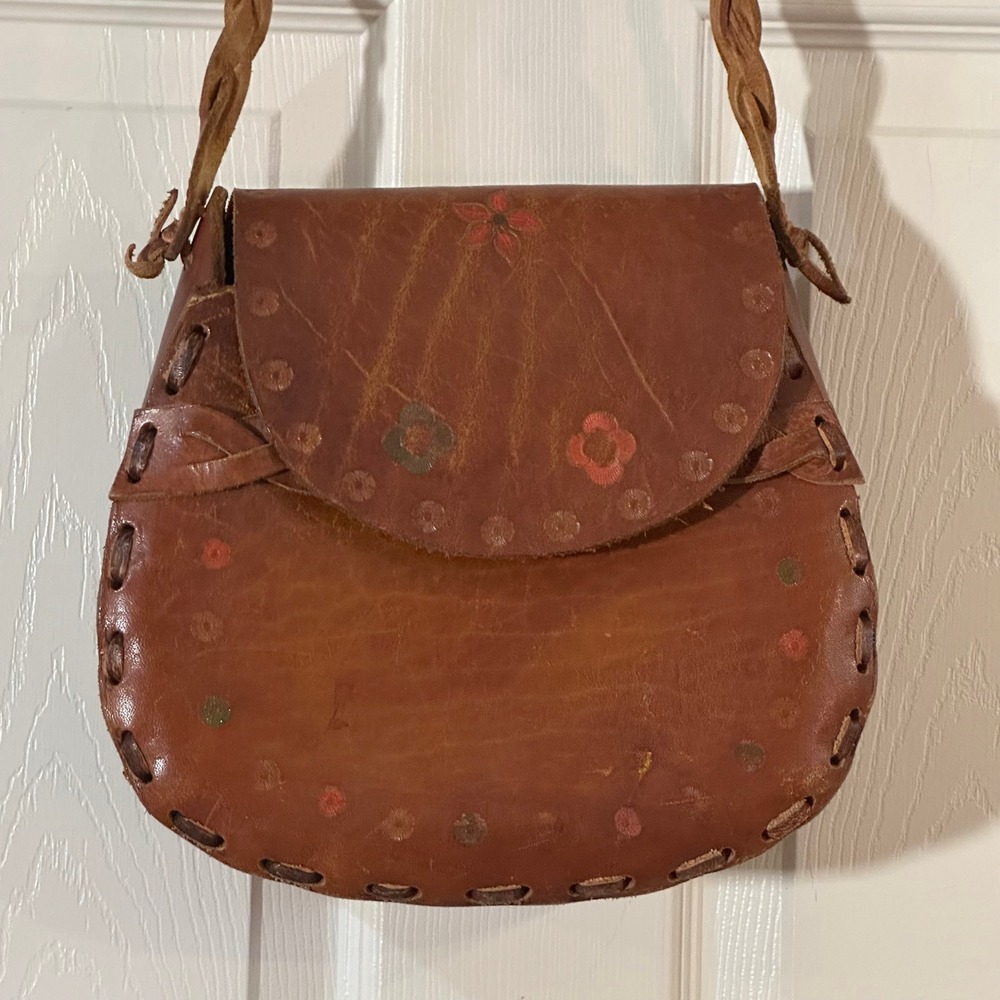 Vintage Handmade Leather Floral Whipstitch Crossbody Bag Brown‎ Boho Hippie 10in